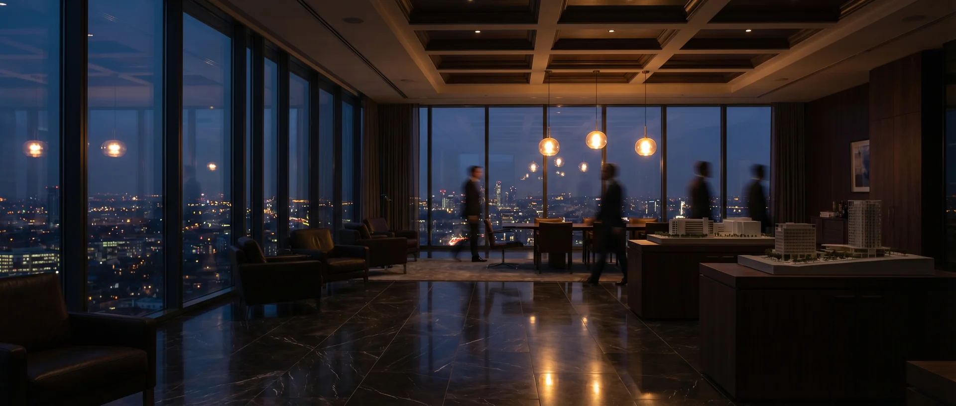 Enterprise office with city skyline at dusk